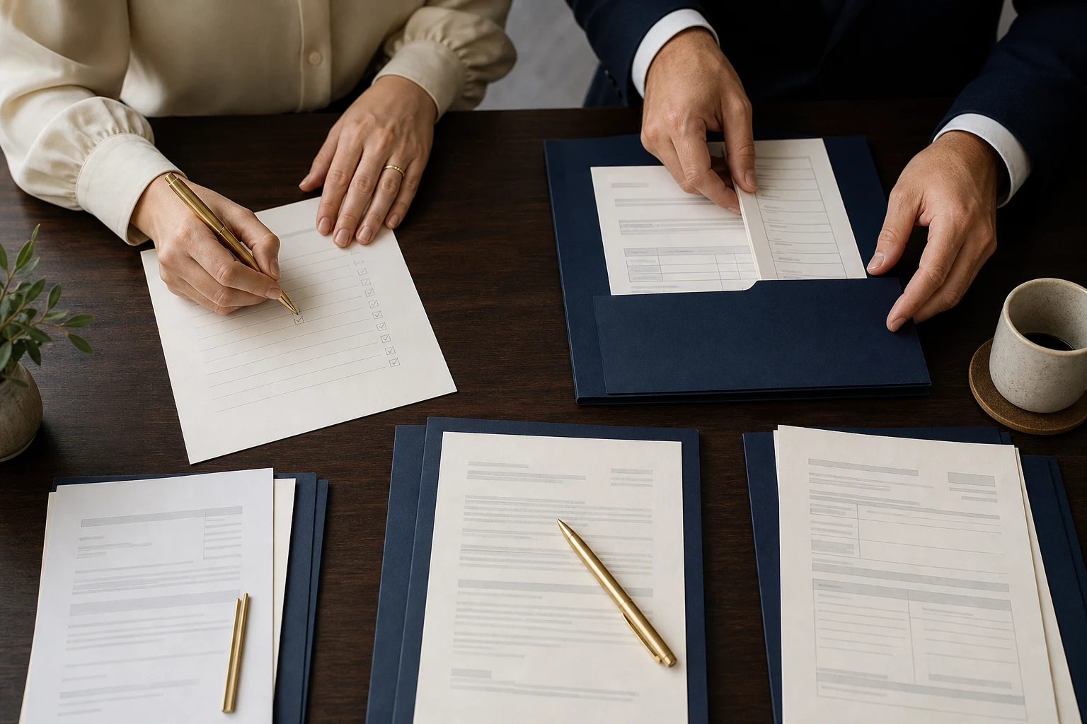 Professionals carefully organizing and reviewing a set of documents