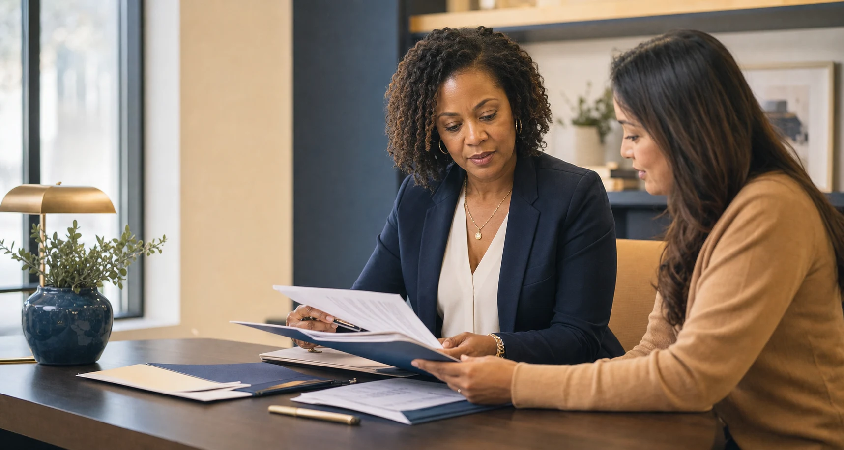 An MOLA consultant reviewing organized documents with a client